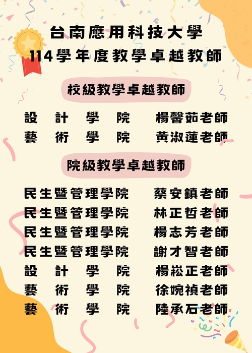 114學年度《教學卓越教師》當選名單圖片